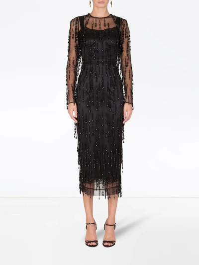Shop Dolce & Gabbana Bead-embellished Fringed Sheath Dress In Black