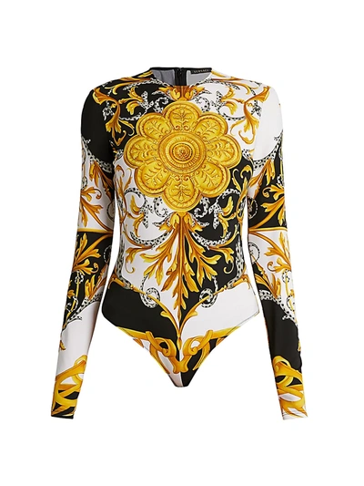 Shop Versace Women's Barocco Acanthus Printed Bodysuit In Bianco Nero Oro