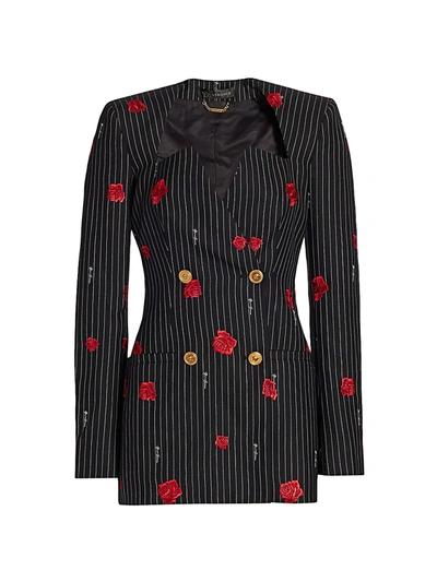 Shop Versace Women's Rose-print Pinstripe Double Breasted Jacket In Bianco Nero Rosso