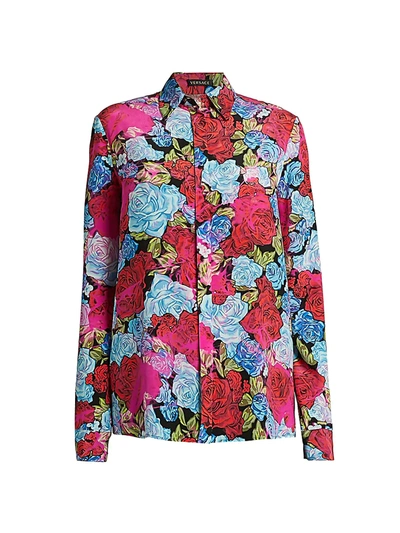 Shop Versace Tie-dye Rose Print Button-down Silk Shirt In Rosso Azzurro Fuxia