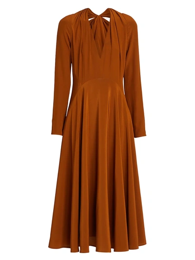 Shop Victoria Beckham Bow-back Silk Flare Dress In Tobacco