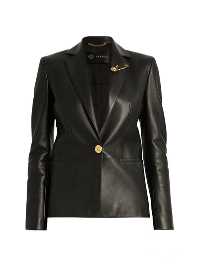 Shop Versace Women's Safety Pin Detail Leather Blazer In Nero