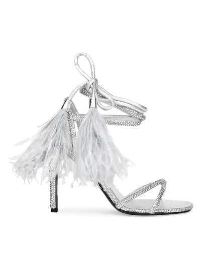 Shop Valentino Garavani Upflair Feather-trimmed Crystal-embelished Leather Sandals In Silver