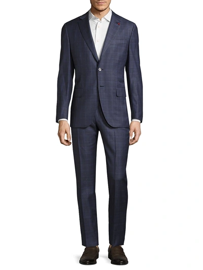 Shop Isaia Men's Regular Fit Plaid Suit In Dark Blue