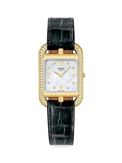 Pre-owned Hermes Cape Cod 29mm Diamond, 18k Yellow Gold & Alligator Strap Watch In Black
