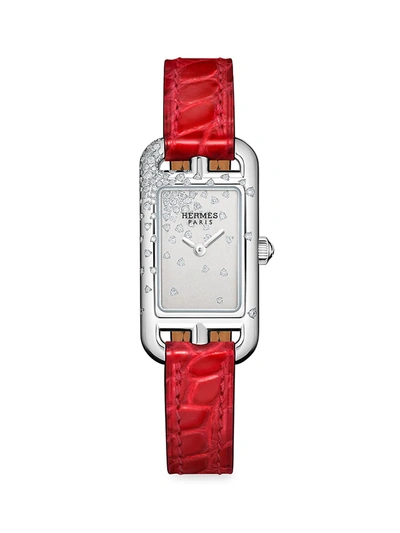 Shop Hermes Women's Nantucket 29mm Stainless Steel, Diamond & Alligator Strap Watch In Red