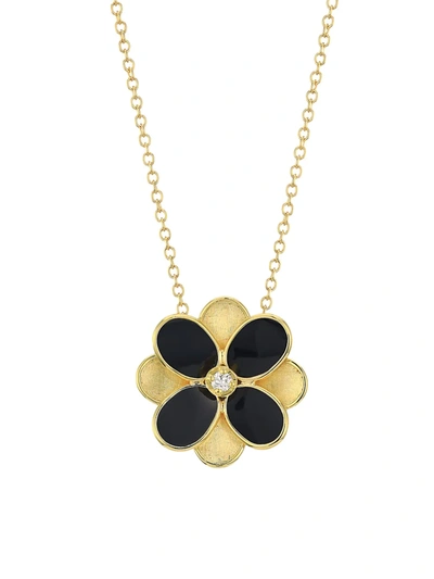 Shop Marco Bicego Petali 18k Yellow Gold, Black Enamel & Diamond Small Flower Pendant Necklace In Gold Black