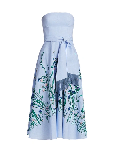 Shop Lela Rose Women's Floral-embroidered Gingham Strapless Midi Dress In Blue Gingham Floral