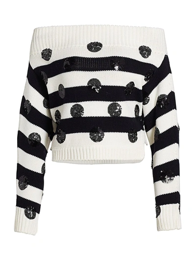 Shop Monse Dotted Stripe Off-the-shoulder Wool Knit Sweater In Midnight Ivory