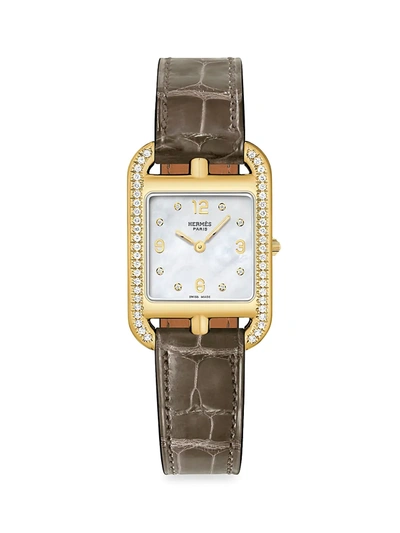 Shop Hermes Women's Cape Cod 18k Yellow Gold, Diamond & Alligator Strap Watch/23mm In Brown