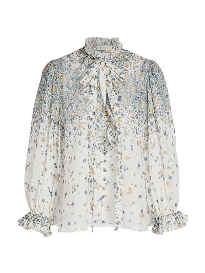 Shop Zimmermann Carnaby Floral Tie Neck Blouse In Indigo Ditsy