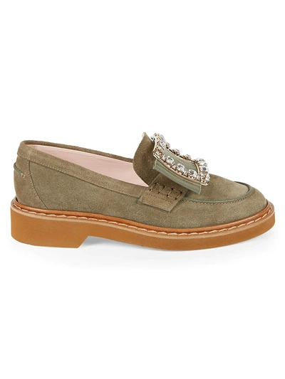 Shop Roger Vivier Viv Rangers Strass Suede Loafers In Army Green