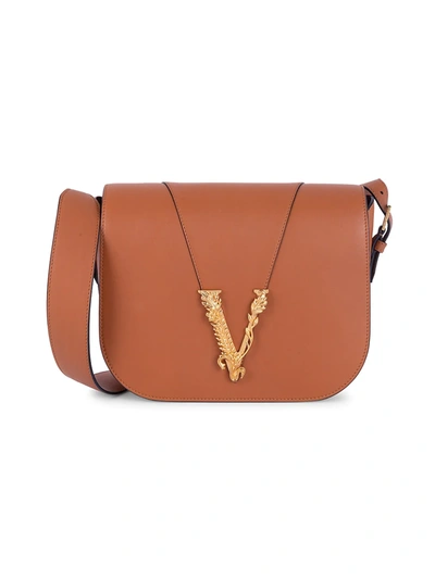 Shop Versace Women's Virtus Leather Saddle Bag In Brown