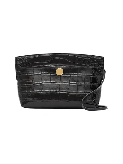 Shop Burberry Women's Small Society Croc-embossed Leather Clutch In Black