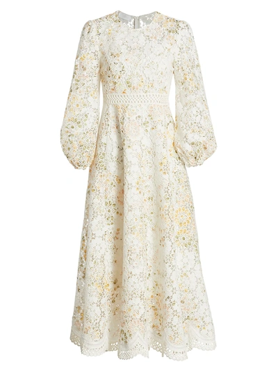 Shop Zimmermann Amelie Floral Linen-blend Lace Eyelet Puff-sleeve Dress In Ivory Floral
