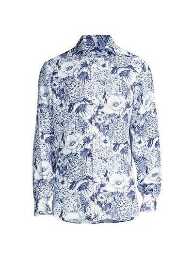 Shop Kiton Men's Large Floral-print Sport Shirt In White Navy