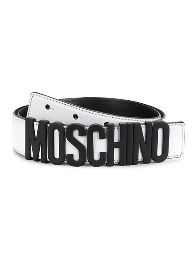 Shop Moschino Matte Logo Leather Belt In White Black