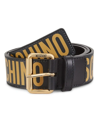 Shop Moschino Men's Graphic Logo Leather Belt In Black Gold
