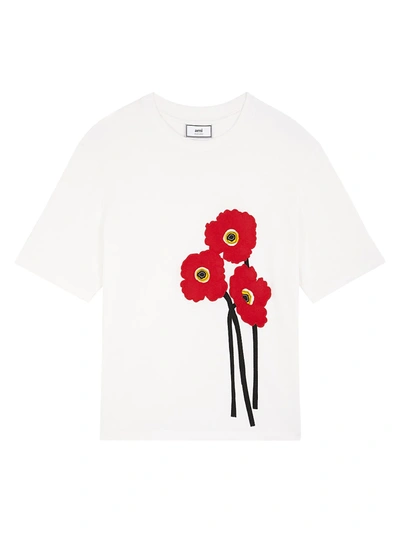 Shop Ami Alexandre Mattiussi Men's Poppies Embroidered T-shirt In Off White