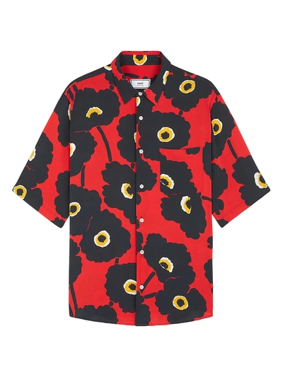 Shop Ami Alexandre Mattiussi Men's Short-sleeve Poppy-print Shirt In Noir Rouge