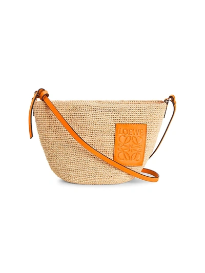 Shop Loewe Women's Pochette Leather-trimmed Raffia Crossbody Bag In Natural Neon Orange