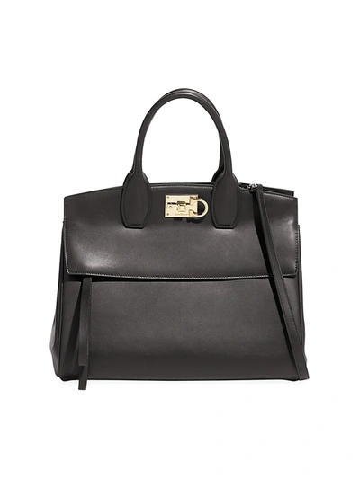 Shop Ferragamo Women's Large Studio Leather Top Handle Bag In Nero