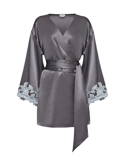 Shop La Perla Women's Maison Lace Trim Silk Blend Robe In Grey Light Grey