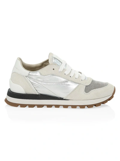 Shop Brunello Cucinelli Women's Monili-trimmed Suede & Metallic Leather Sneakers In Alcampione