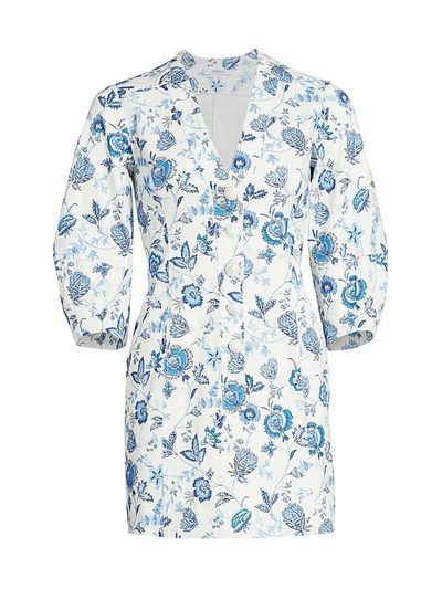 Shop Derek Lam 10 Crosby Ottilie Floral Puff-sleeve Mini Dress In White Blue