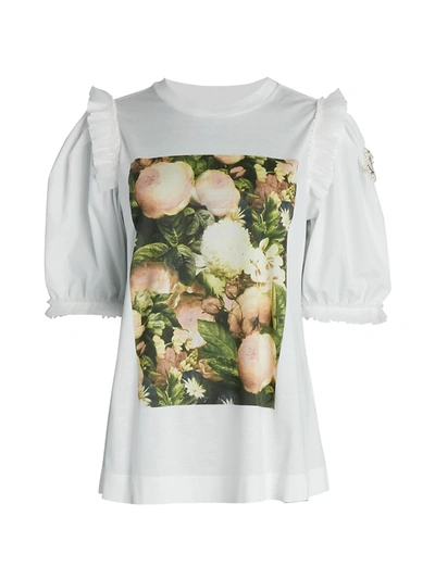 Shop Moncler Genius Women's Floral Ruffle-sleeve T-shirt In White