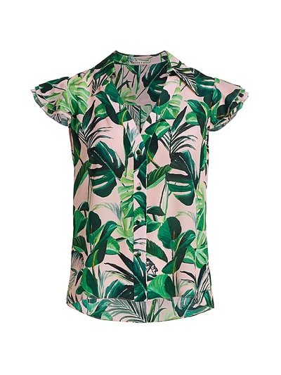 Shop Alice And Olivia Randa Tropical Ruffle-sleeve Blouse In Palm