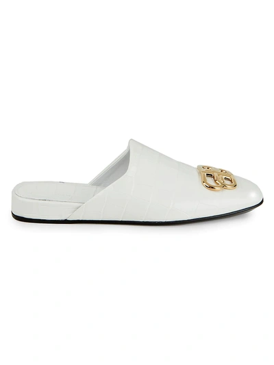 Shop Balenciaga Cosy Bb Croc-embossed Leather Mules In White Gold