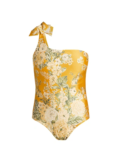 Shop Zimmermann Women's Amelie One-shoulder Bow One-piece Swimsuit In Amber Floral