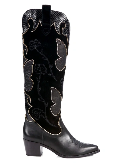 Shop Sophia Webster Shelby Butterfly Knee-high Leather Cowboy Boots In Black