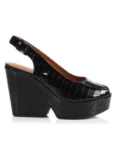 Shop Clergerie Women's Dylan 4 Croc-embossed Leather Slingback Wedges In Black