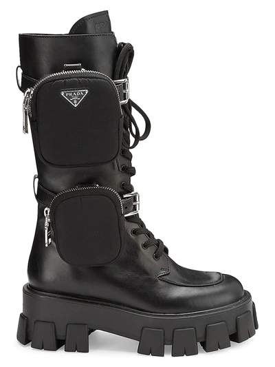 Shop Prada Women's Pocket Lug-sole Tall Leather Combat Boots In Nero