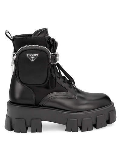 Shop Prada Women's Pocket Lug-sole Leather Combat Boots In Nero