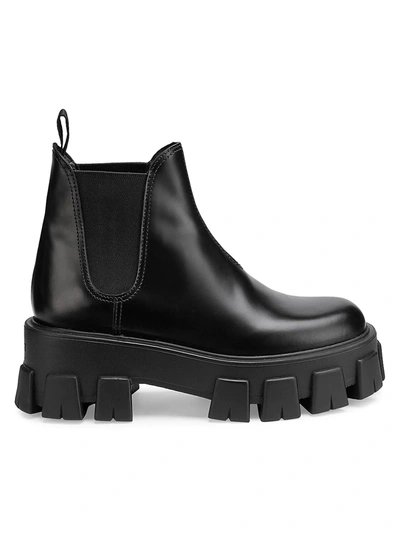 Shop Prada Women's Lug-sole Leather Chelsea Boots In Nero
