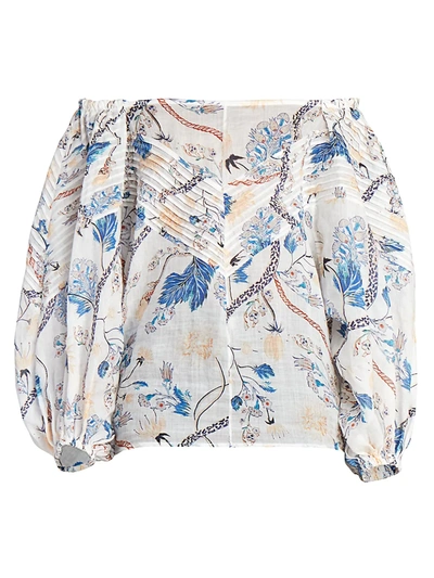 Shop Chloé Women's Off-the-shoulder Floral Ramie Blouse In White Pink