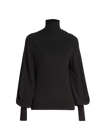 Shop Chloé Puff-sleeve Wool Funneleneck Sweater In Black