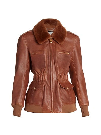 Shop Chloé Women's Shearling-trimmed Leather Flight Jacket In Sharp Brown