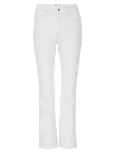 Shop Frame Le Crop Mid-rise Leather Bootcut Pants In Blanc