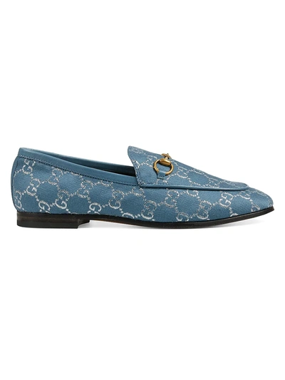 Shop Gucci Jordaan Gg Lamé Loafers In Blue Silver
