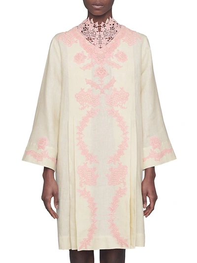Shop Gucci Women's Linen Short Kaftan Dress With Lace In White Pink