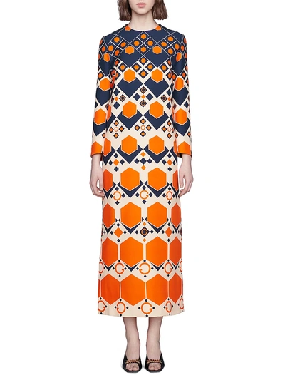 Shop Gucci Women's Gg Hexagon Print Wool Silk Long Dress In Aqua