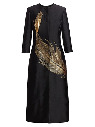 Shop Oscar De La Renta Women's Metallic Feather Silk-blend Collarless Jacket In Black Gold
