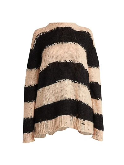Shop Acne Studios Women's Striped Knit Distressed Sweater In Black Warm Beige