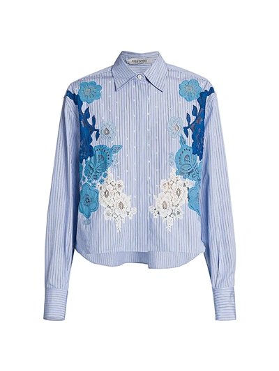 Shop Valentino Women's Lace Pinstripe Cropped Button-down Shirt In Riga Celeste Bianco Blue Multi