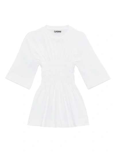 Shop Ganni Shirred Cotton Tunic In Bright White
