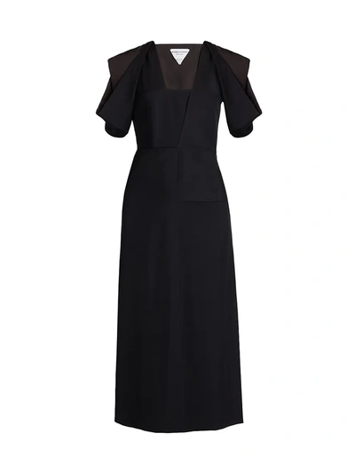 Shop Bottega Veneta Folded-sleeve Liquid Viscose Midi Dress In Black Lagoon